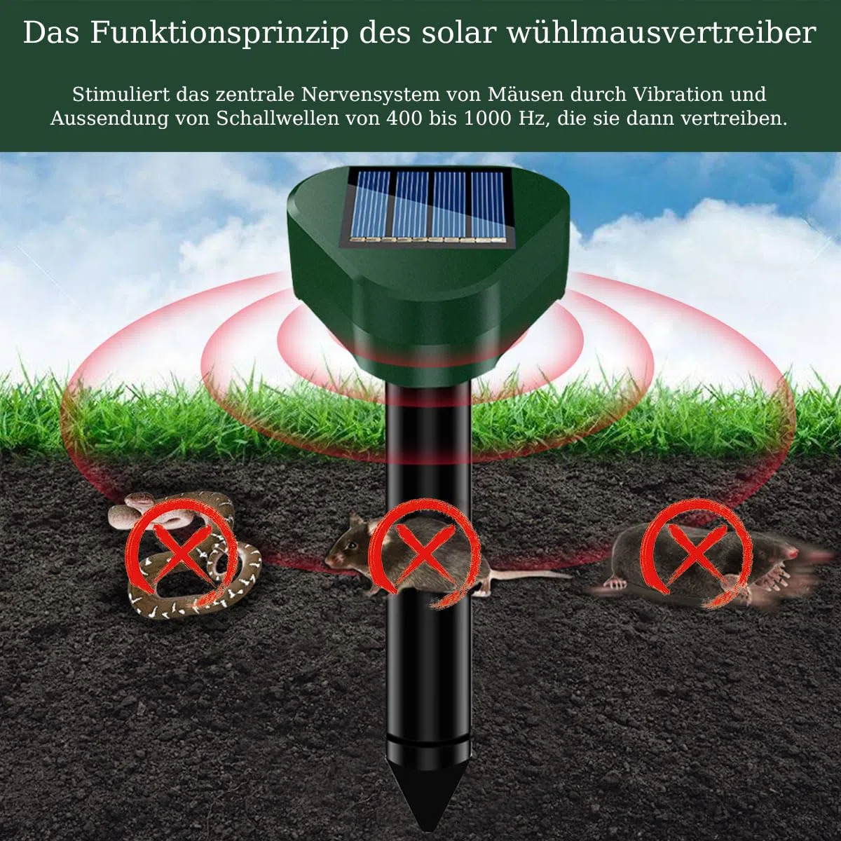 Dissuasori per Topi, Ultrasuoni per Topi da esterno, Repellente per Talpe, Ultrasuoni per Talpe, Dissuasori per Serpenti, Dissuasore Solare per Giardino e Campeggioi 4 Pezzi Verde
