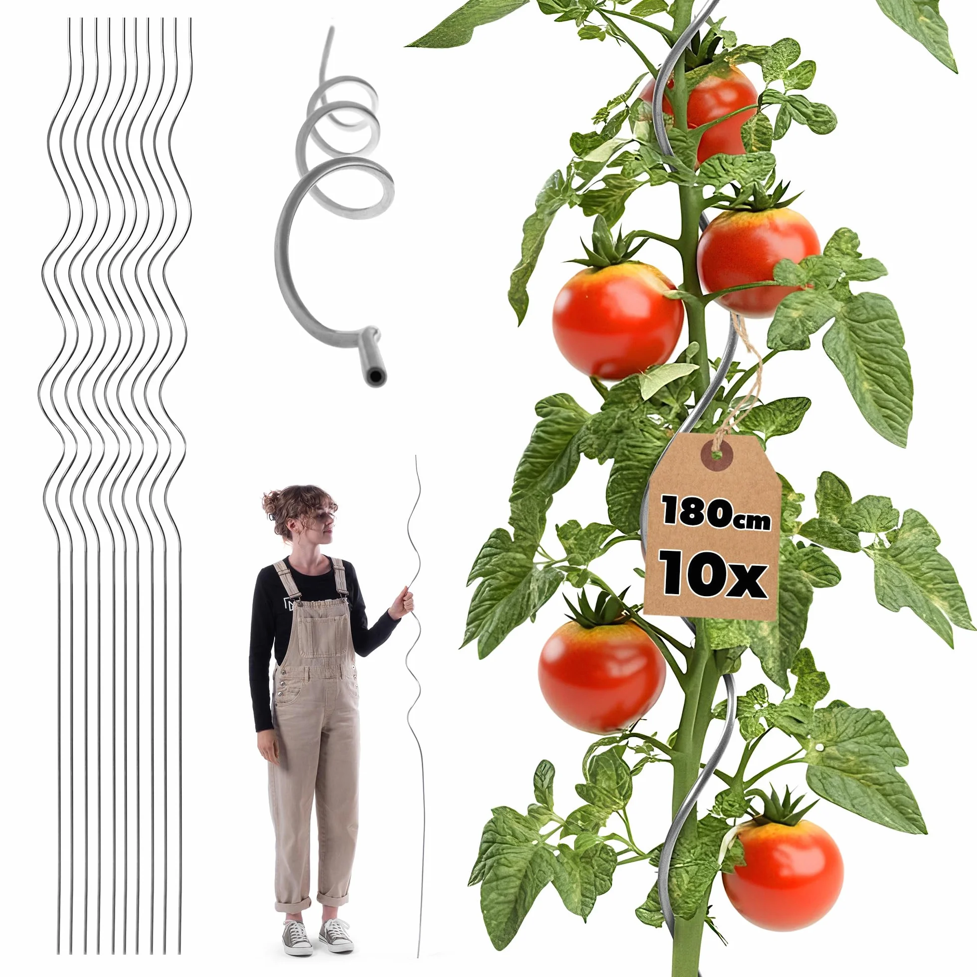 KADAX Set di 10 aste a spirale per pomodori, 180 cm x 6 mm, aste in alluminio, supporto per rampicanti per pomodori, spirale per pomodori, asta a spirale, pali per pomodori, aste per piante
