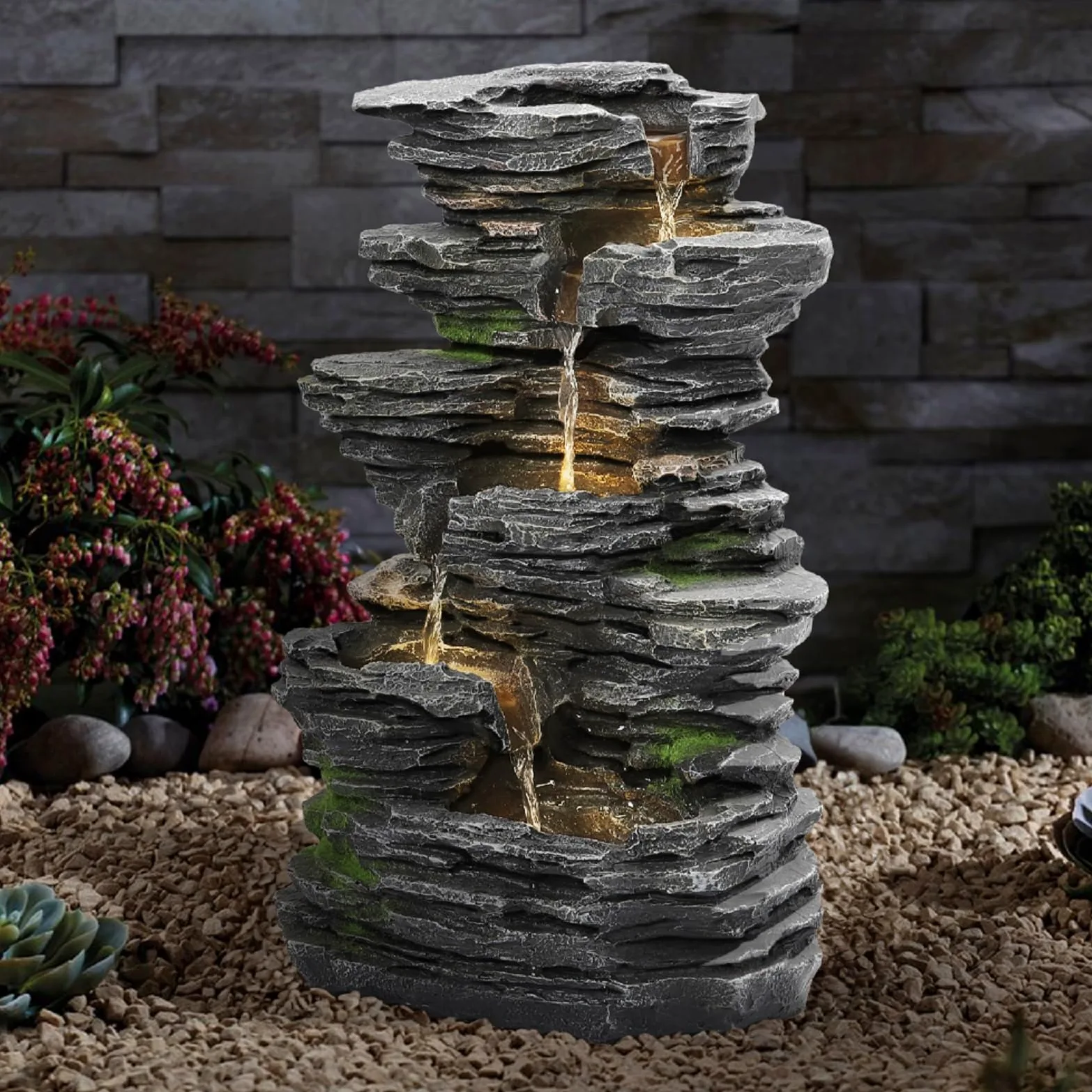 Fontana ad energia solare, design a cascata a 4 ripiani, con luci per esterni, decorazione da giardino e patio