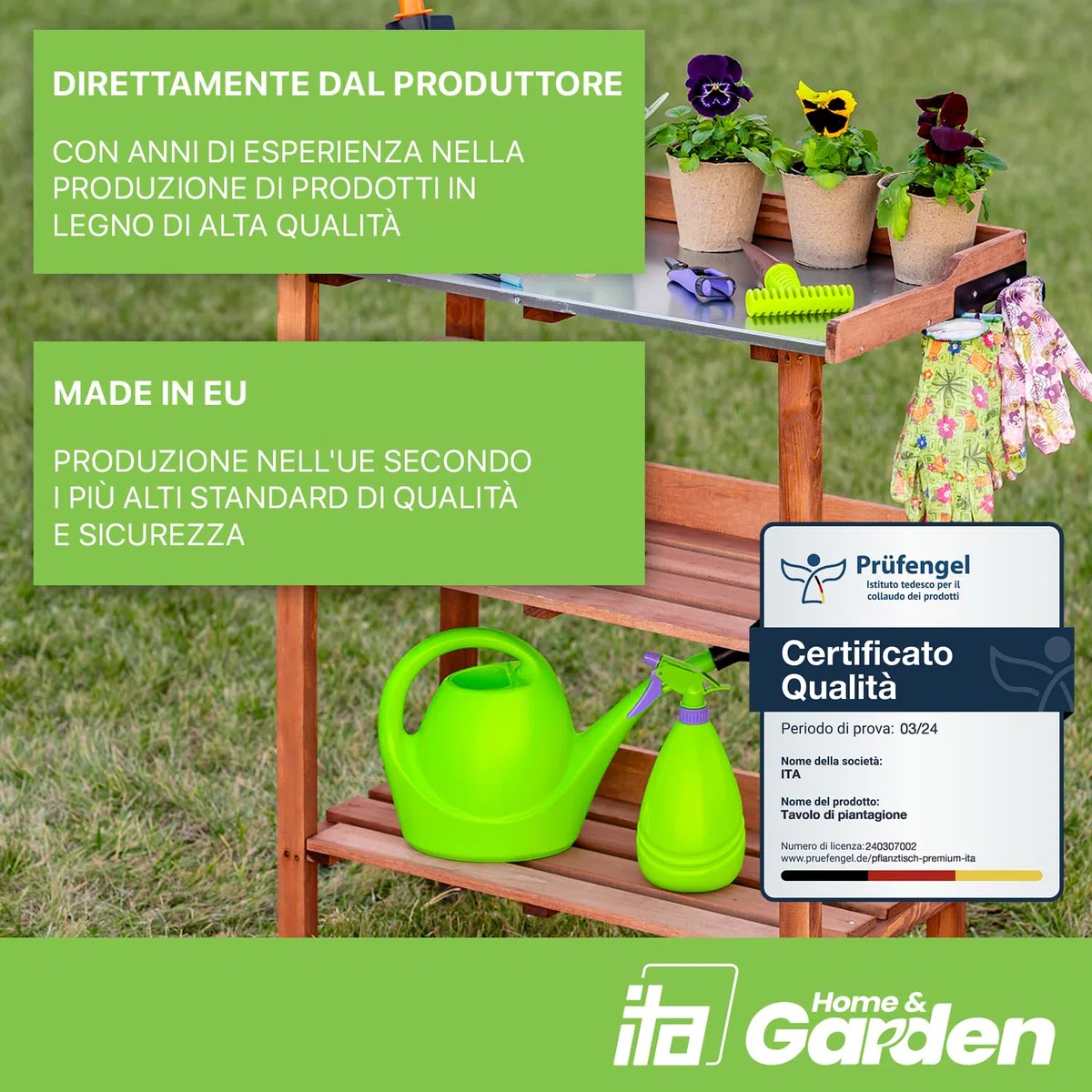 ITA Banco da giardinaggio - Tavolo da lavoro con piano in lamiera zincata - Resistente alle intemperie - Made in EU - Direttamente dal produttore - Certificato FSC - 76x38x89 cm Marrone