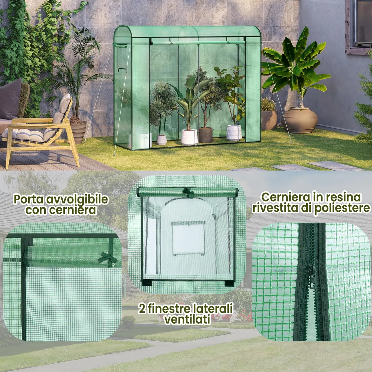 WOLTU Serra da Giardino a Tunnel, Copertura per Piante da Esterno, in Rete PE e Tubi d’Acciaio Zincato, Porta Avvolgibile con Cerniere e 2 Finestre Laterali,170x68x200 cm, Verde