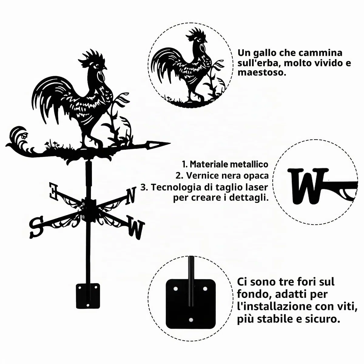 Banderuola Segnavento in Metallo Segnavento a Forma di Gallo per Esterni, Fattoria, Patio, Giardino, Gazebo