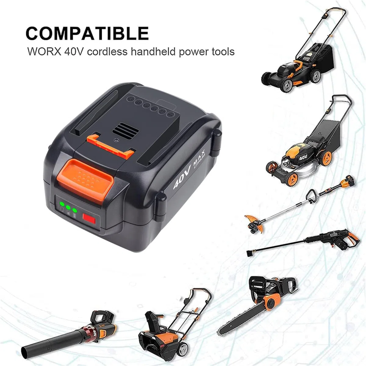 Batteria di ricambio da 40 V per Worx (solo batteria), accessorio per utensili elettrici senza fili per Worx, WA3551 /WA3553/35514/WA3551.1 agli ioni di litio (2000 mAh, 1 confezione)