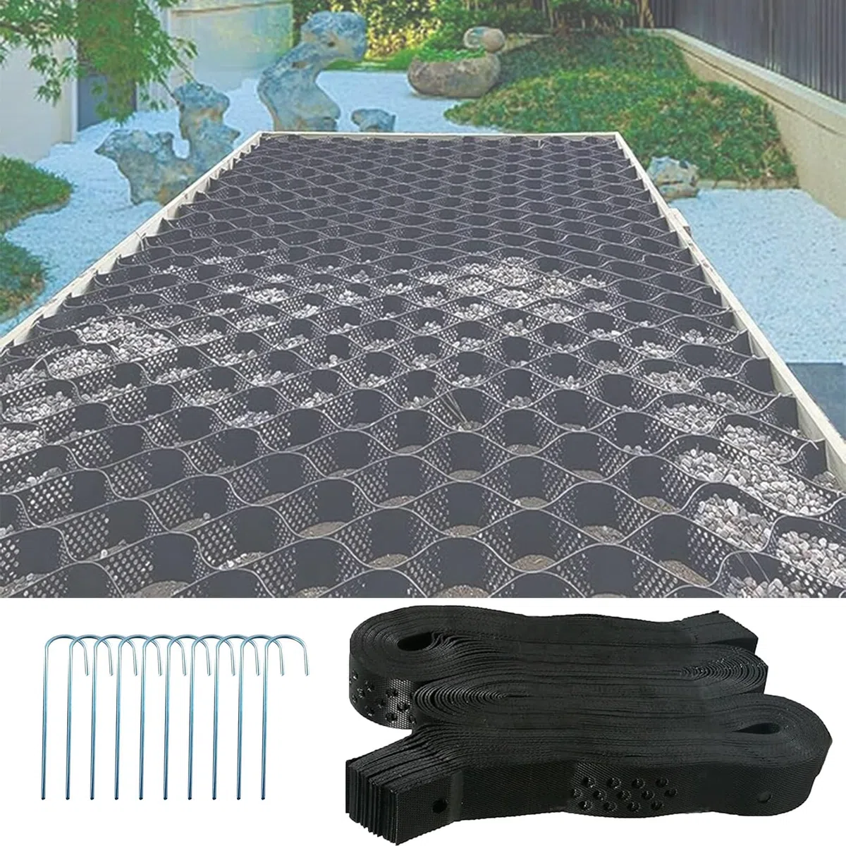 Griglia resistente da 2,4 x 5,5 m, per stabilizzazione vialetto, tettoia, parcheggio, erba e ghiaia, griglia nera, H-10 cm, perfetta per veicoli leggeri