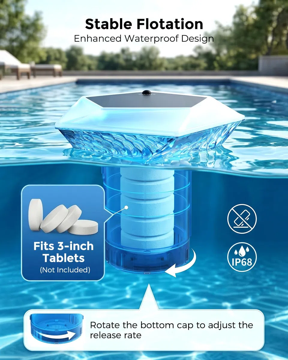 MYMULIKE Galleggiante dosatore per piscina, 2 pezzi di cloro solare per compresse di cloro da 3", grande dosatore di cloro per piscina con illuminazione per piscina, dosatore di cloro per piscina