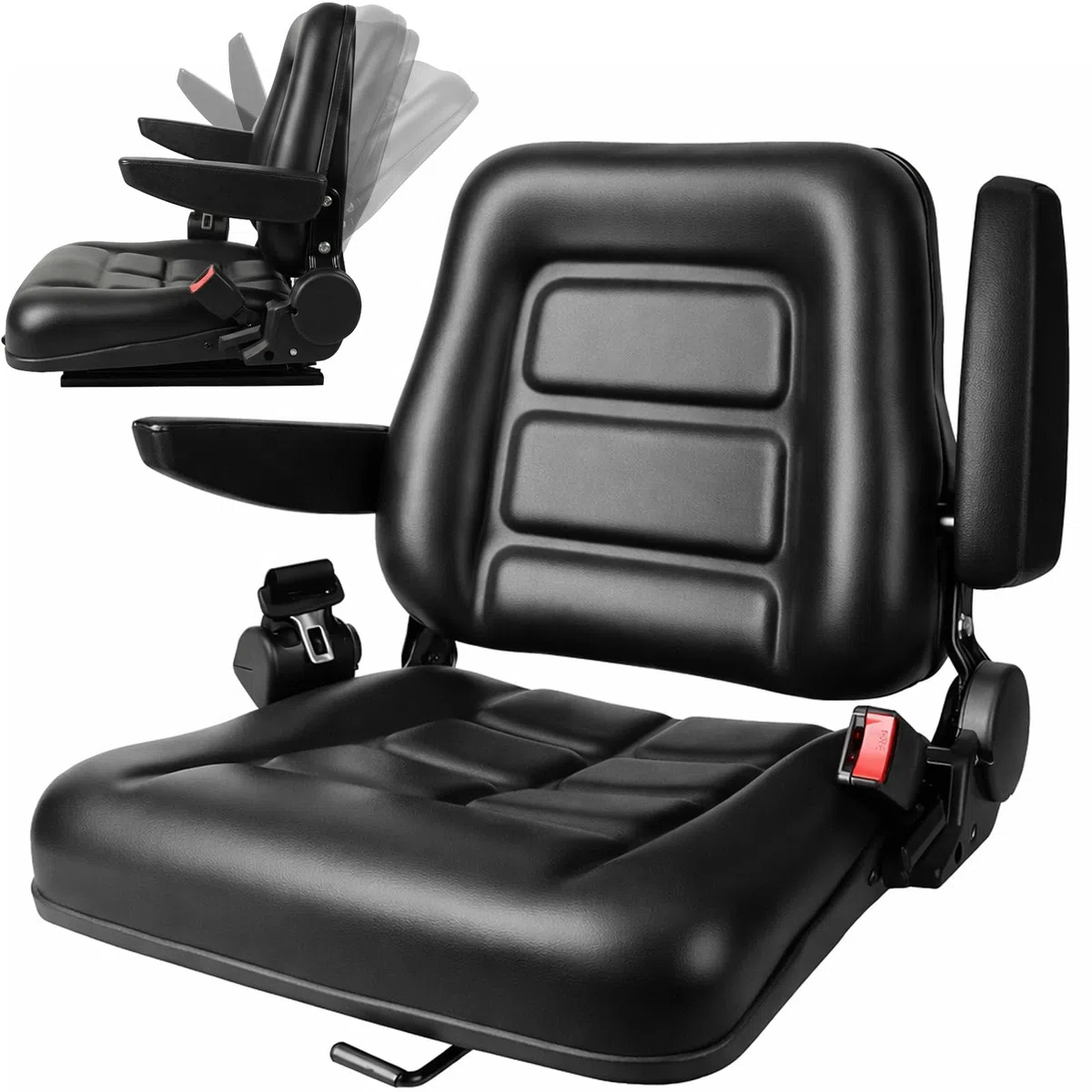 Sedile universale per carrello elevatore, sedile per carrello elevatore, sedile in PVC con cintura di sicurezza, schienale regolabile, imbottitura ergonomica, sedile trattore pieghevole per carrelli