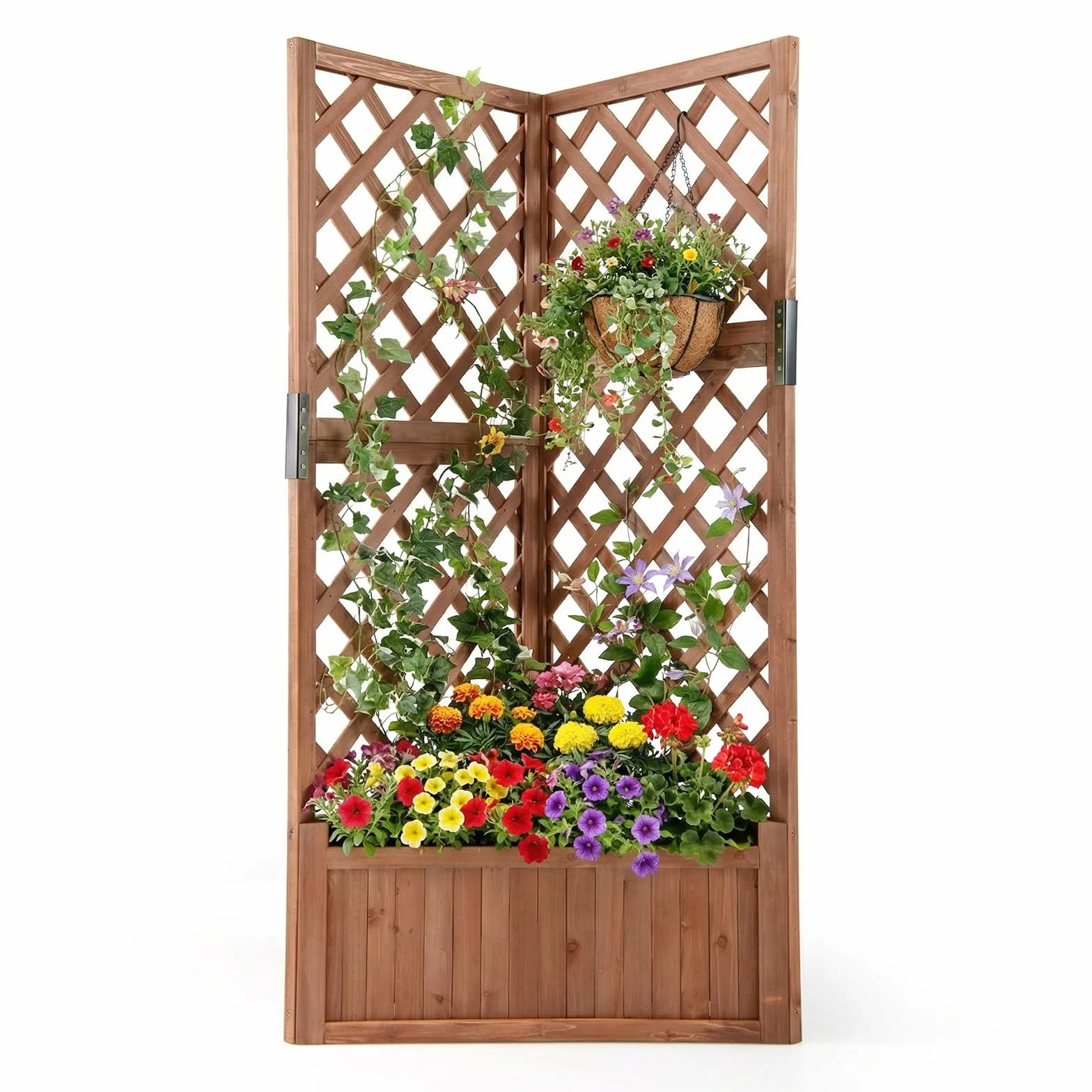 COSTWAY Letto da Giardino Rialzato ad Angolo con Traliccio e Fori di Drenaggio, Fioriera in Legno Elevata per Piante Rampicanti, Fiori e Verdure, Ideale per Interno ed Esterno (Marrone)