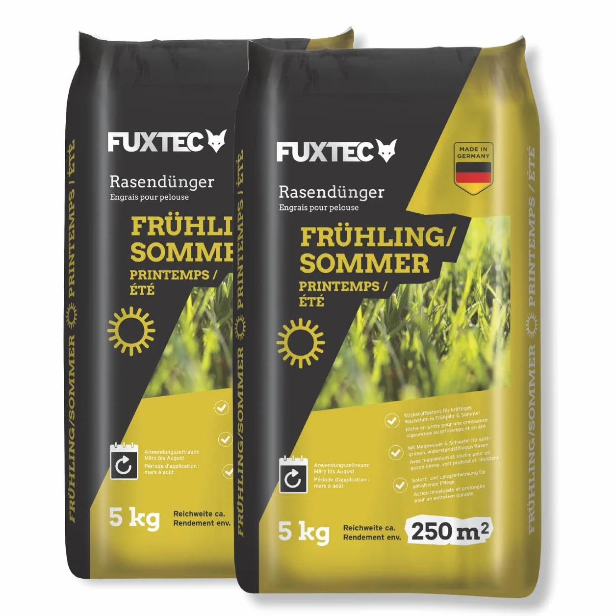 FUXTEC concime per prato primavera/estate FX-RDFS10, concime per prato ricco di azoto per una crescita uniforme, 10 kg di granuli per circa 500m², apporto nutritivo di lunga durata