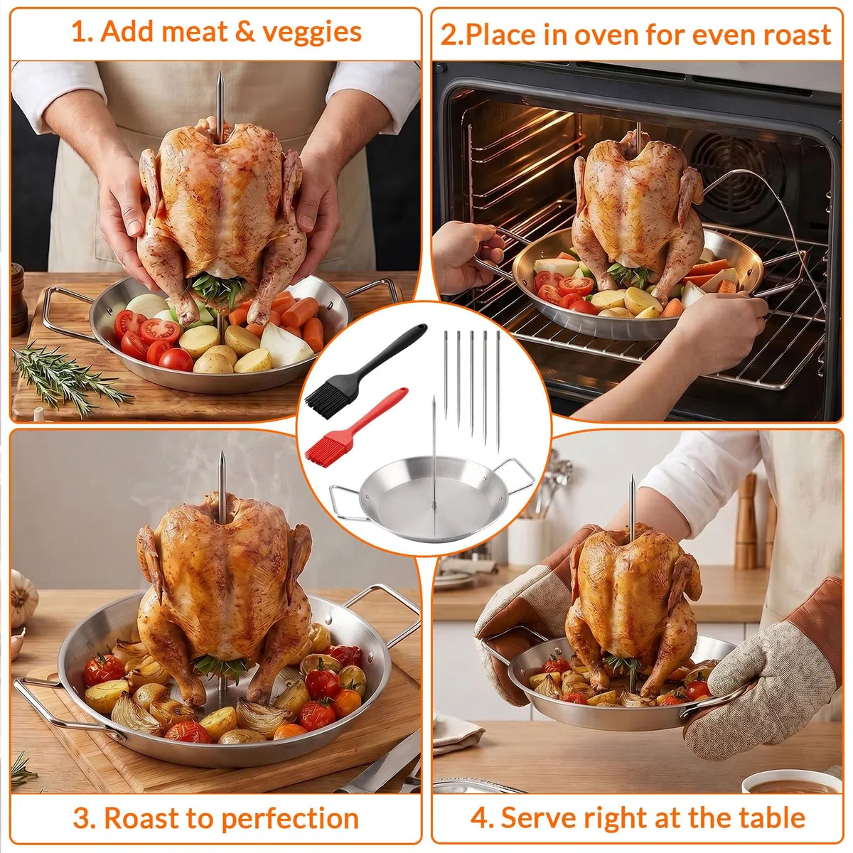 Supporto Verticale per Kebab in Acciaio Inox, Spiedo Verticale Acciaio con 5 Spiedi Rimovibili e 2 Pennelli Silicone, Teglia da 25 cm per Shawarma, Gyros, Pollo Arrosto, Carne, Forno e Barbecue