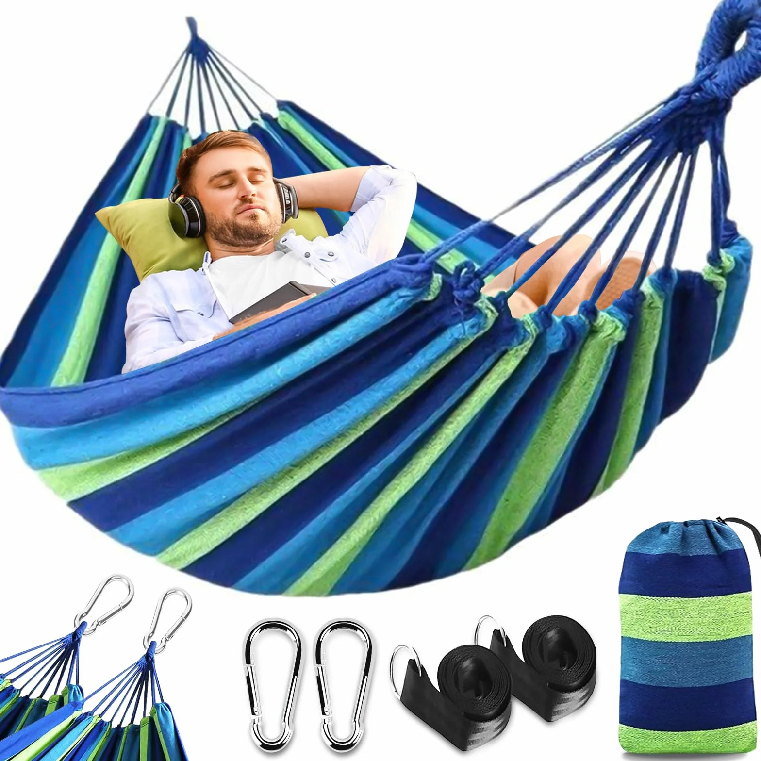 Amaca da Campeggio in Tela 300x150 cm, Capacità di Carico di 270 kg, Traspirante, Durevole Amaca Portatile con Borsa, 2 Moschettoni Premium, 2 Cintura di nylon, Per Esterno Giardino Spiaggia