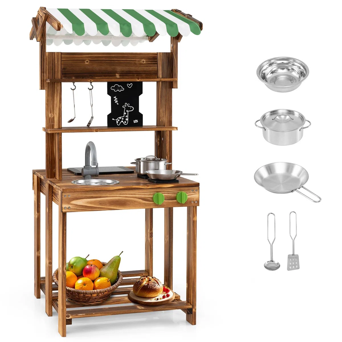 HOMASIS Cucina da Esterno in Legno con Tettoia, Cucina Giocattolo per Bambini a Doppia Faccia con Lavagna, Rubinetto, 4 Utensili e 2 Ganci, Barbecue Giocattolo per Bambini da 3+ Anni, Verde