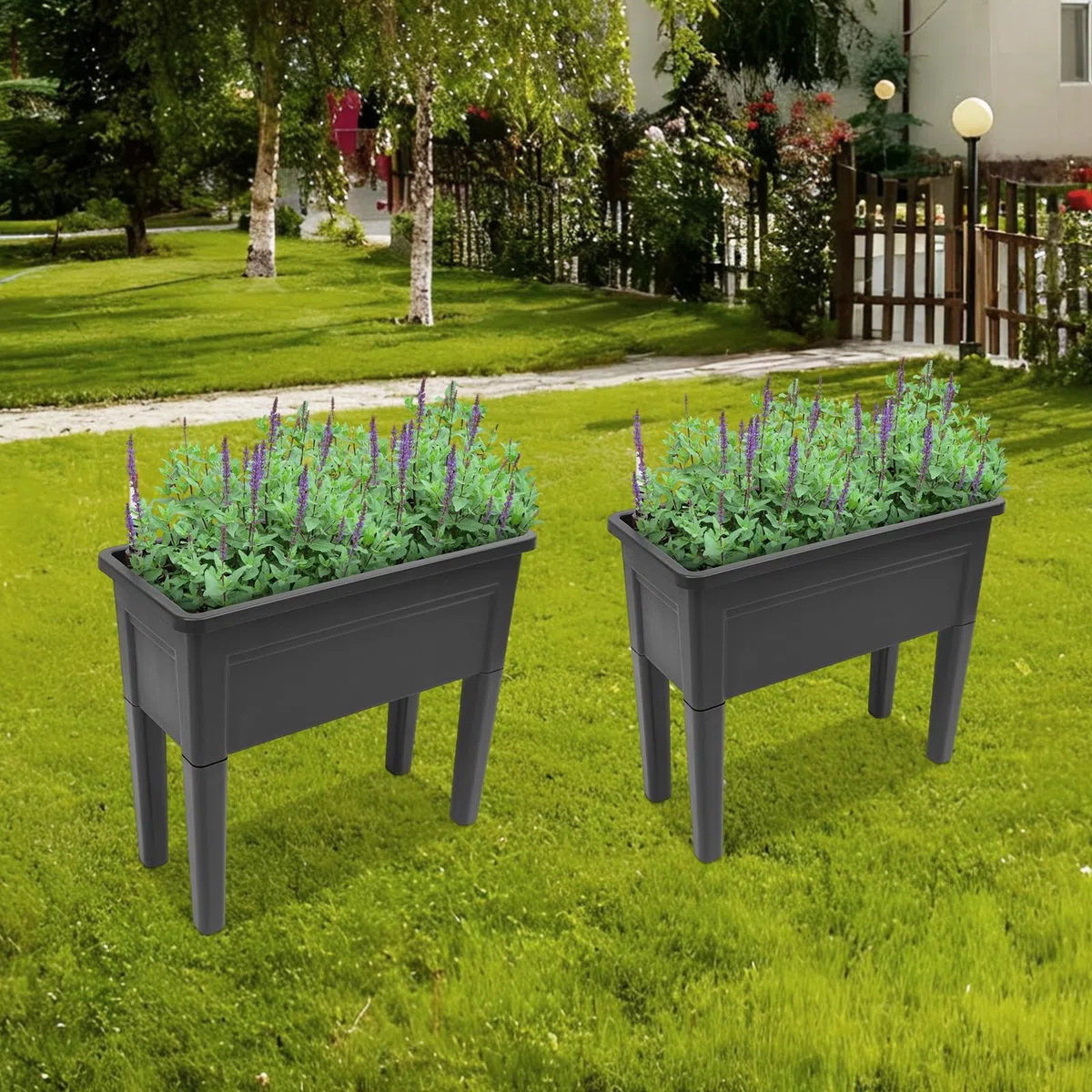 Set di 2 aiuole rialzate per esterni, 75 x 34,5 x 65,5 cm, rettangolari per balcone, terrazza, fioriera con piedini in gomma per verdure, erbe e fiori