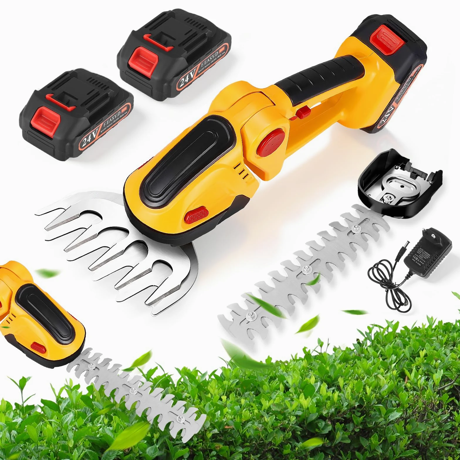 Tagliasiepi a Batteria 24V, 2-in-1 Taglia Siepi da Giardino Elettrico con 2 Batterie Agli Ioni Di Litio Caricabatterie, Tagliaerba Elettrico Attrezzi da Giardino Per Diserbare, Potare Gli Alberi
