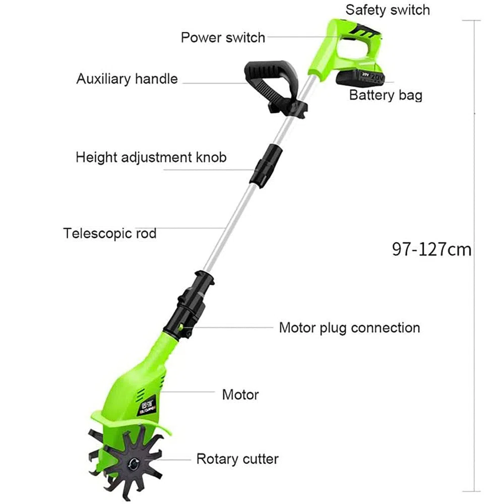 Rotavator senza fili, 20V leggero portatile elettrico senza fili alimentato a batteria coltivatore di terreno a denti anteriori giardinaggio con batteria ricaricabile 4000mAh e caricatore