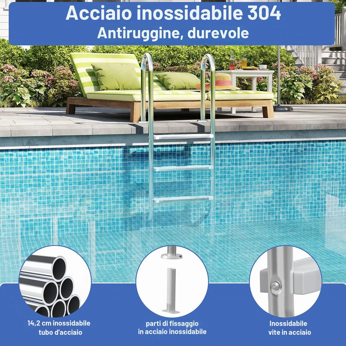 UISEBRT 304 - Scala per piscina in acciaio inossidabile con 4 gradini | 157 x 54 x 26,5 cm - Argento | Scala da piscina con antiscivolo | Scala per l'ingresso a piscina e vasca | Resistente fino a 150