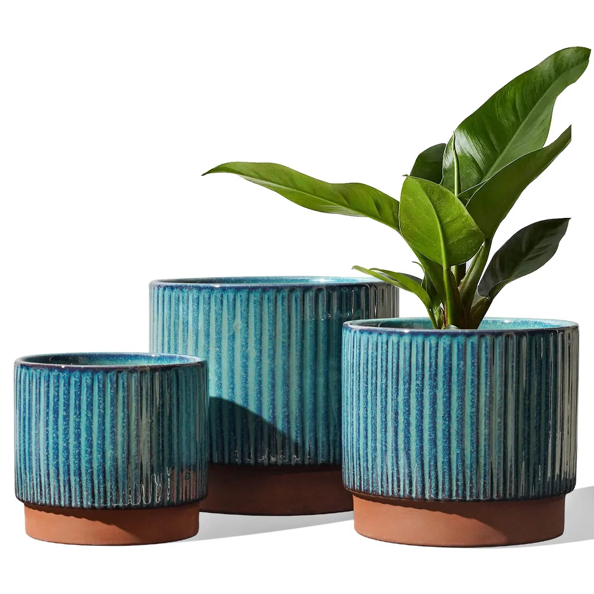 LE TAUCI Vasi per piante in ceramica, 20 + 16 + 14 cm con fori di drenaggio, uso interno/esterno, vasi da giardino a righe in stile moderno, verde smalto reattivo