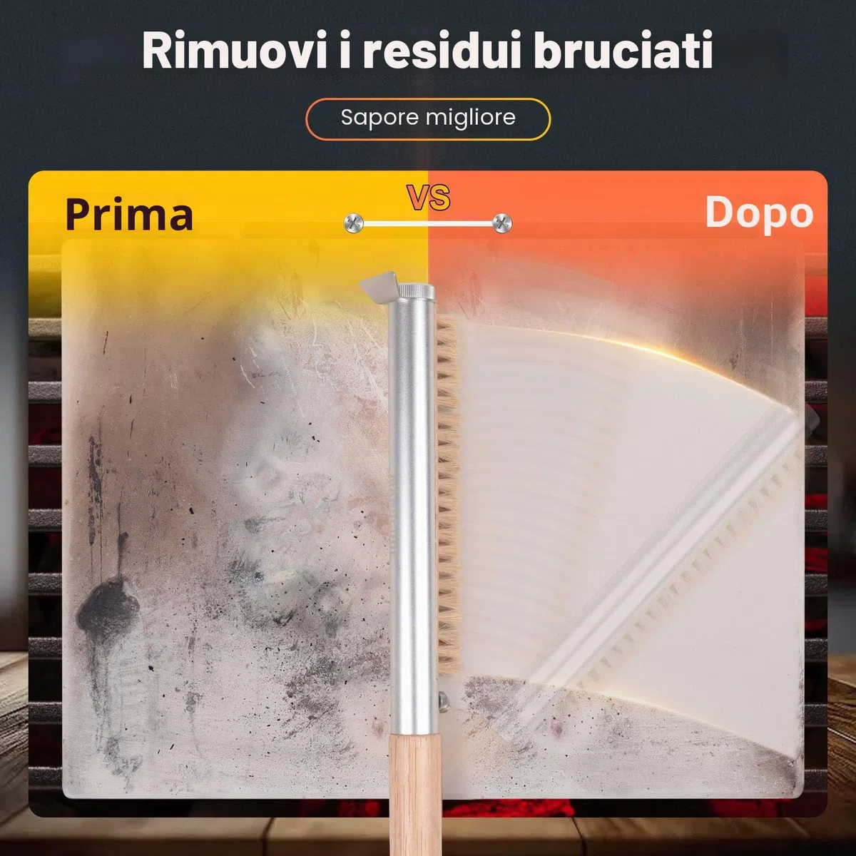 Spazzola da forno per pizza con raschietto, 52 cm, setole naturali per la pulizia delle pietre per pizza, manico in legno