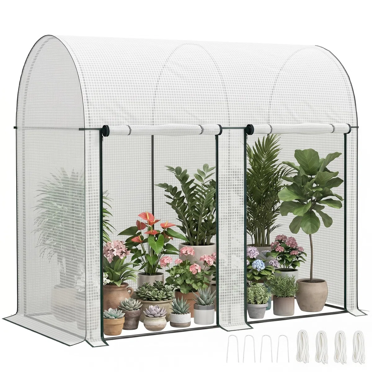 Outsunny Serra da Giardino 2x1x1.78 m con 2 Porte Avvolgibili a Cerniera, Serra per Orto con Struttura in Acciaio e Copertura in PE Anti-UV, per Orto Verdure Fiori, Bianco