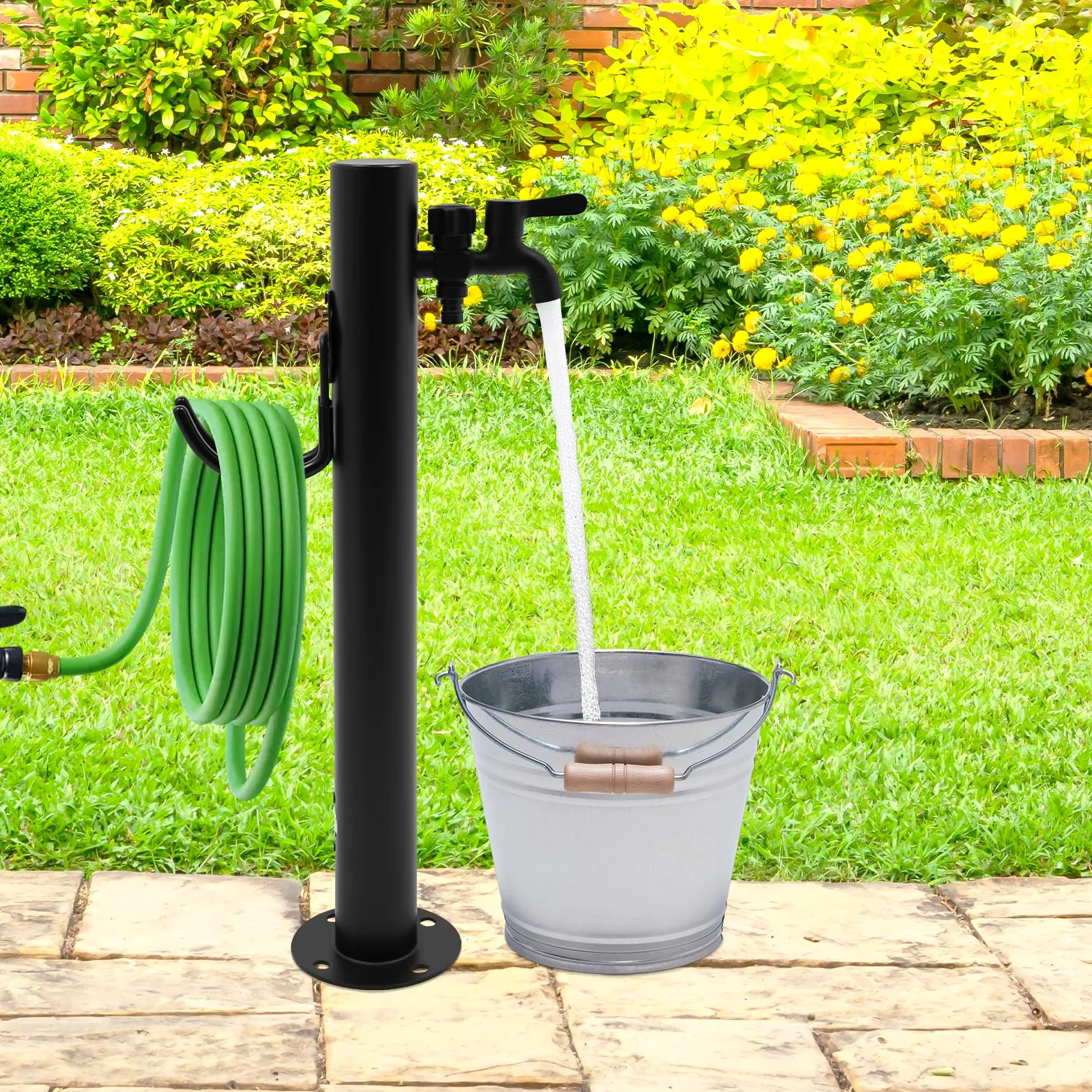 Colonna d'acqua in acciaio inox 60 cm, rubinetto esterno antigelo, robusto rubinetto montato a pavimento, per giardino, campeggio e fontane (rotondo)