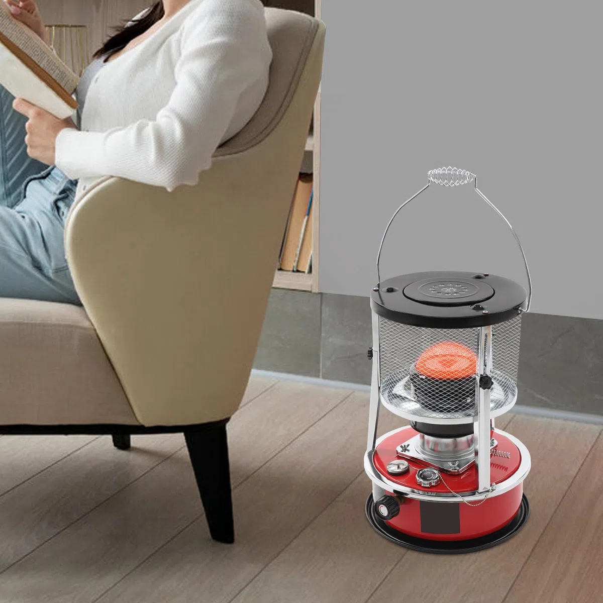 Riscaldatore a petrolio 8000 BTU, riscaldatore portatile per esterni, campeggio, garage, pesca e giardino, durata fino a 18 ore, regolabile in altezza, senza corrente (serbatoio da 5,2 l, rosso)