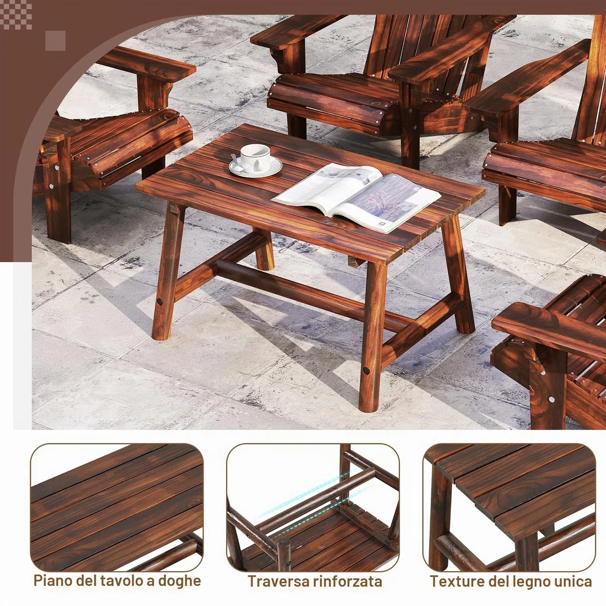 KOMFOTTEU Tavolo da giardino in legno massello, tavolino ausiliario terreza esterno con carico di 125 kg, tavolino basso rettangolare con piano a doghe per balcone, patio, 90 x 55 x 50 cm (marrone)