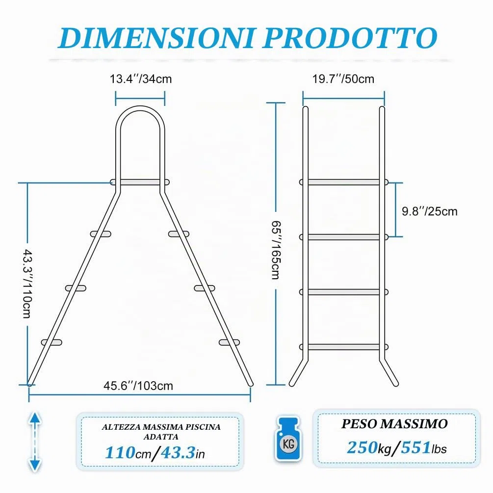 Scala per Piscina Fuori Terra a 3 Gradini 110 cm, Scala di Risalita in Acciaio a Doppio Lato, Robusta Scala per Piscina Fuori Terra, Gradini per Piscina Antiscivolo,110cm