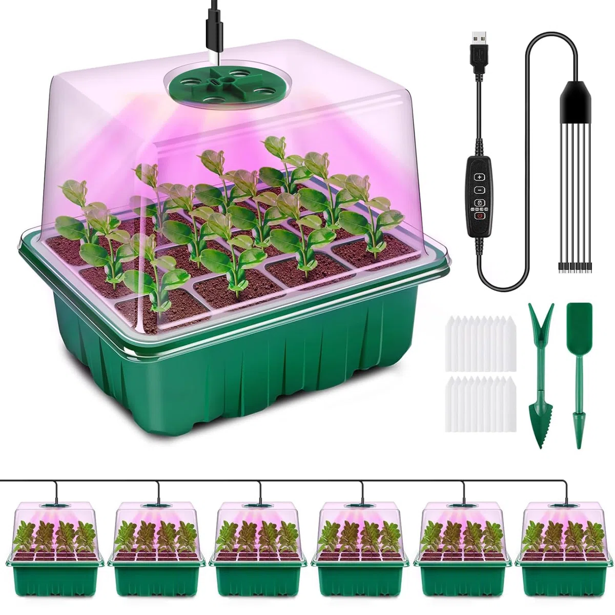 YAUNGEL Vassoio Germinazione con Luce di Coltivazione, 6 Pezzi Semenzaio per Piantine Mini Serra Propagatore con Luce di crescita Regolabile Luminosità & Umidità Propagatore di Semi Kit, Verde