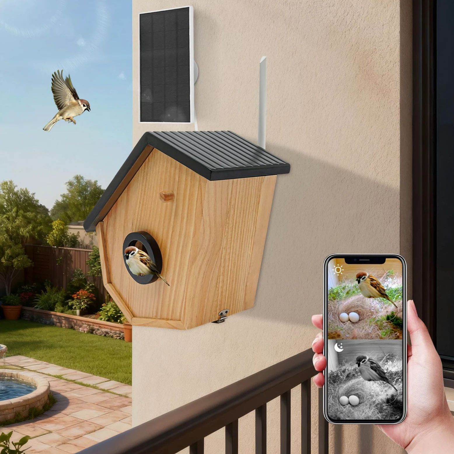 Casetta per uccelli in legno di pino a energia solare, con fotocamera solare, riconoscimento degli uccelli artificiali, batteria per visione notturna HD, IP65, in legno di pino per giardino