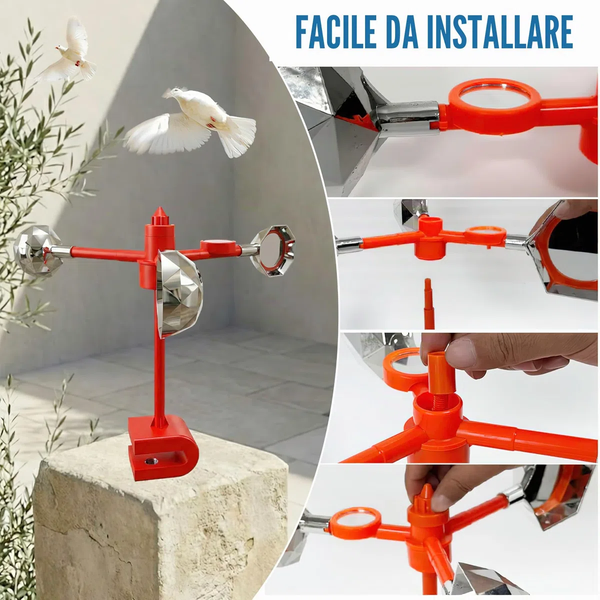 Dispositivo riflettente per spaventare gli uccelli, argento, alimentato dal vento, spaventa gli uccelli per esterni, tiene lontani piccioni picchi gabbiani per giardino patio, dotato di un