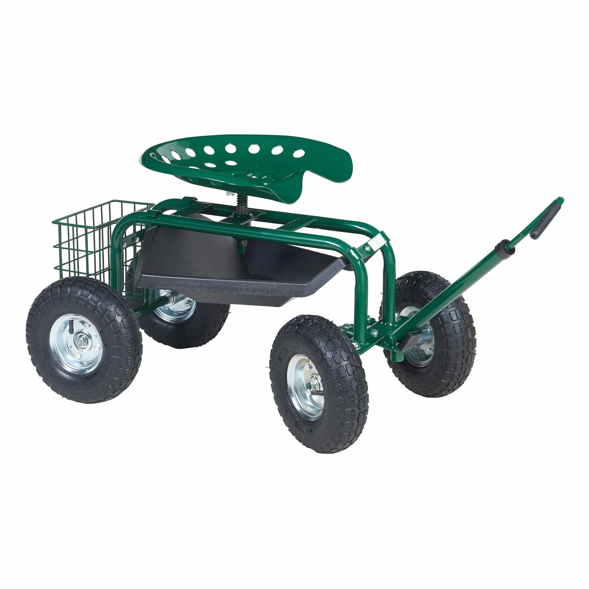 pro.tec Sgabello da Giardinaggio con Ruote Pneumatiche e Sedile Regolabile in Altezza Carrello in Acciaio da Giardino 81x45 cm con Manico Vassoio e Cestello Porta Attrezzi - Verde/Nero/Argento