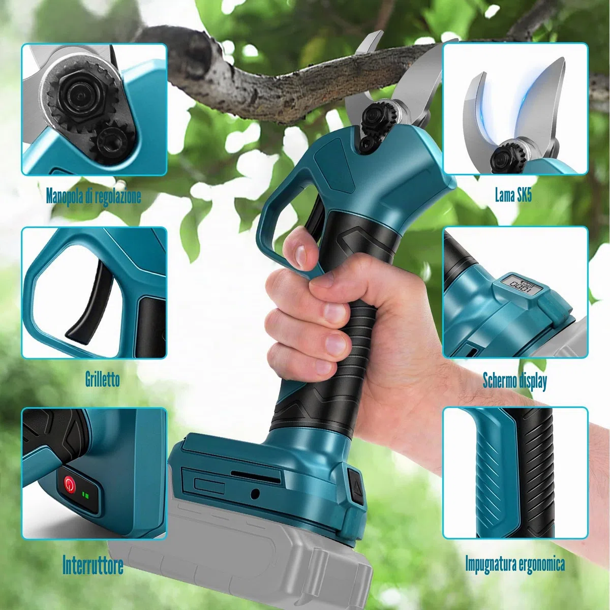 Forbice da Potatura Accu per Batteria Makita 18 V (senza batteria), motore brushless, apertura max 45 mm, sega elettrica per rami, forbice da potatura con display LCD, per rami di alberi, fiori
