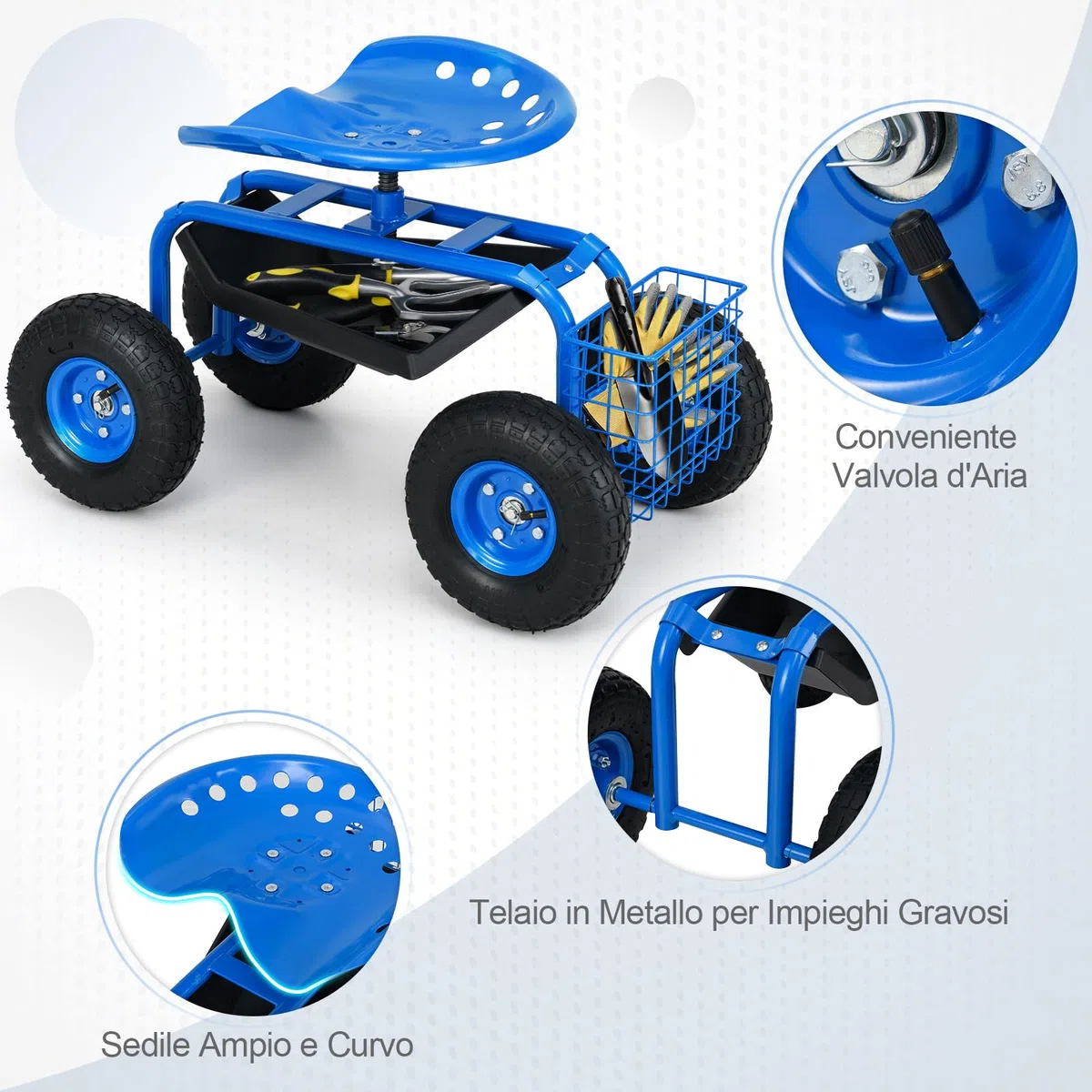 RELAX4LIFE Sgabello da Giardino per Esterno, Portata 130 kg, Sedia Carrello da Giardino con 4 Rotelline, Altezza Regolabile, Sgabello per Giardinaggio Potatura Orto (Blu)