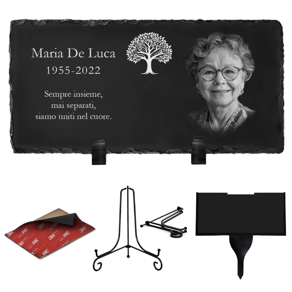 ETERNEL - Targa Funeraria Personalizzata Multisupporto Albero della Vita - da piantare, incollare o posare, Ardesia o Granito, Foto e testo a scelta Targa cimitero, mortuaria, sepoltura, defunto