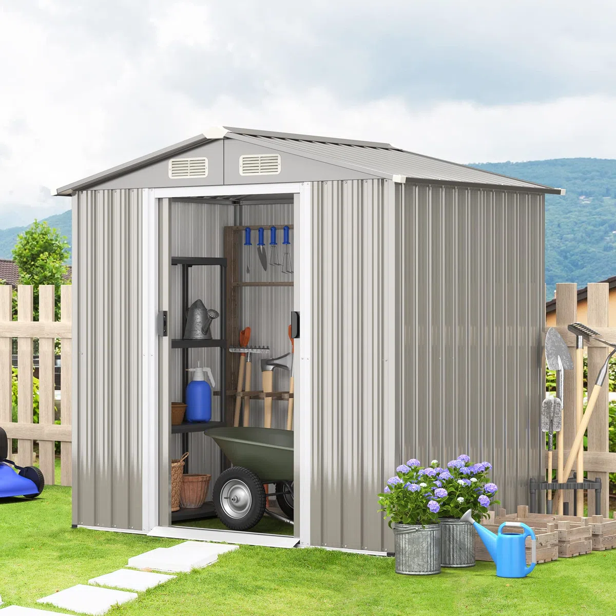 HOMASIS Casetta da Giardino in Metallo, Capannone per Attrezzi con Tetto a 2 Falde e Fondamenta, Capanno con 4 Finestre e 2 Porte Scorrevoli (Grigio scuro, 196 x 142 x 186 cm, 3,68 m³)