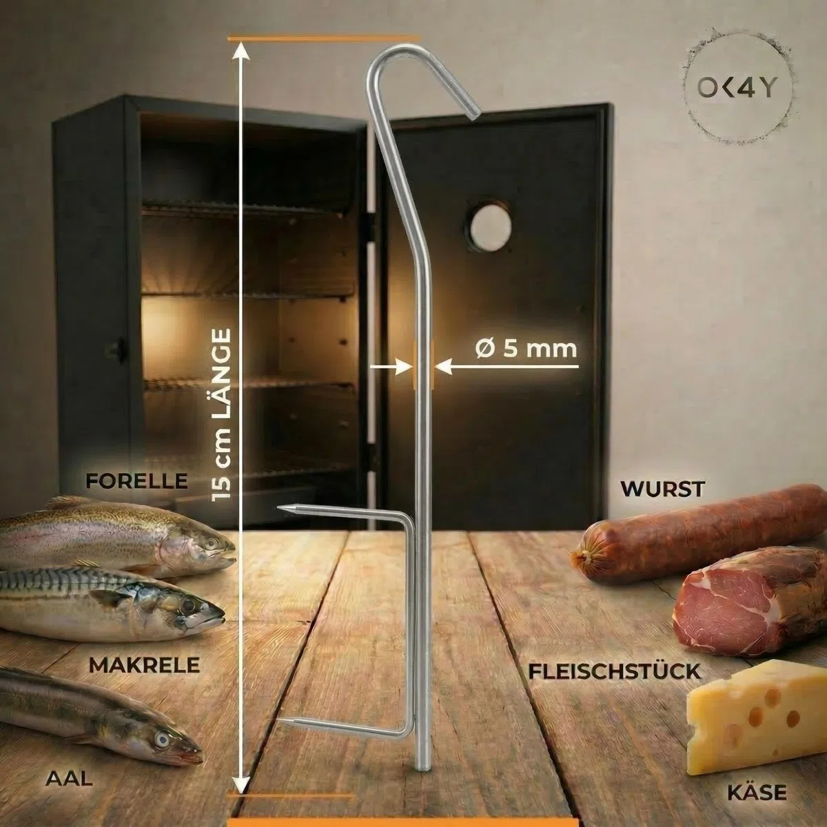 10 ganci per affumicatura Deluxe a doppia punta L, 15 cm, in acciaio inox, diametro 5 mm, extra forti