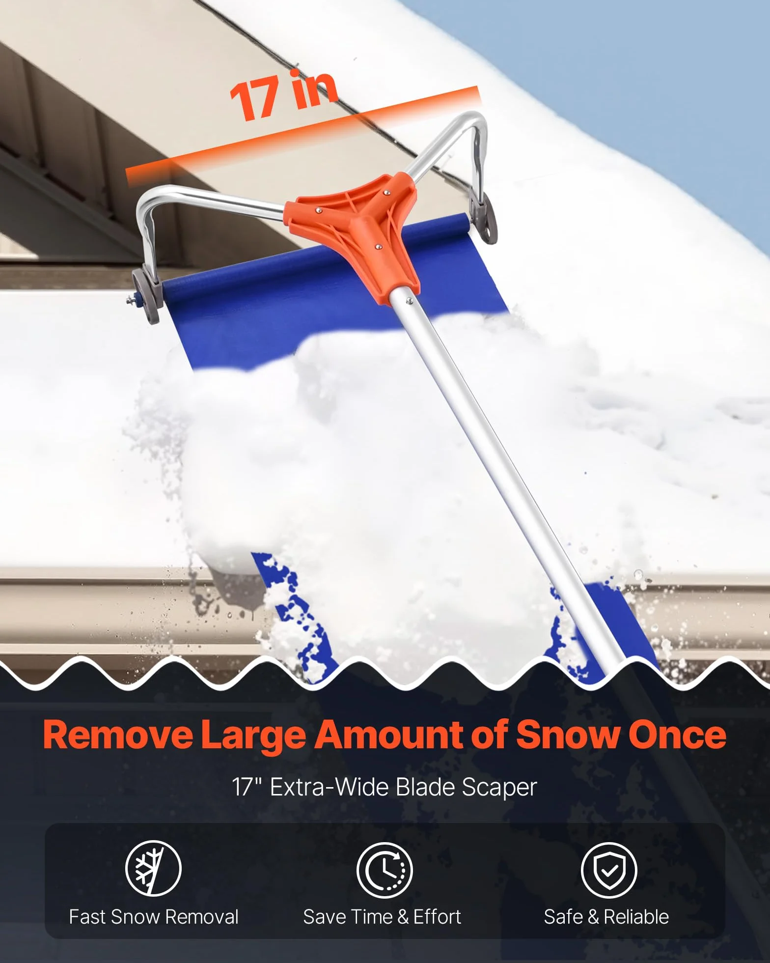 VEVOR Rastrello da Neve per Tetto, Lama in Alluminio da 432 mm, Raschietto per Tetti da Neve Regolabile 1250-5240 mm con Ruote e Scivolo, Impugnatura Staccabile, Pala per Rimozione Neve Foglie