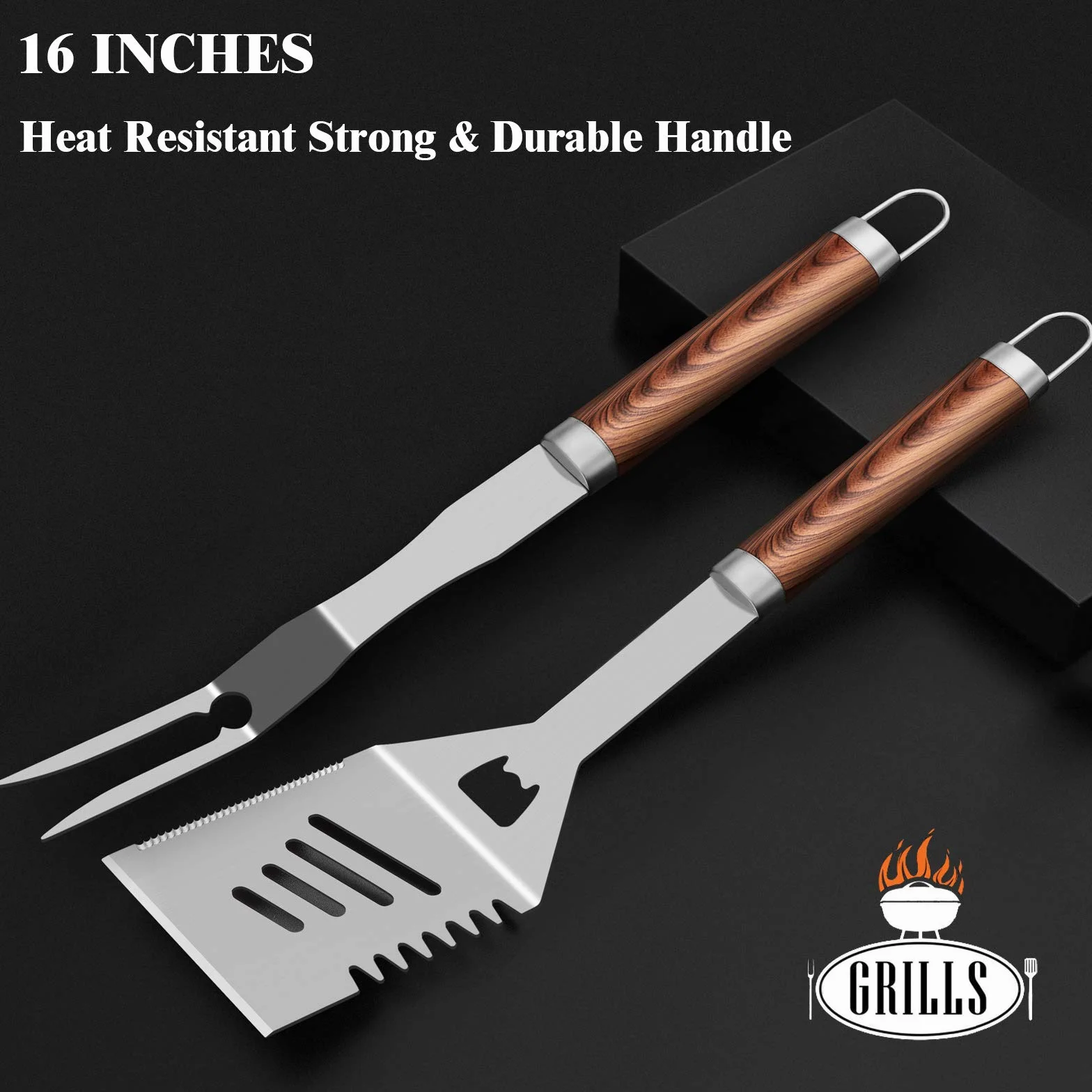 ROMANTICIST,set di utensili extra spessi in acciaio inox per gli uomini, 26 pezzi, kit di accessori per barbecue per cortile, regalo con spatola cavatappi in custodia in alluminio marrone