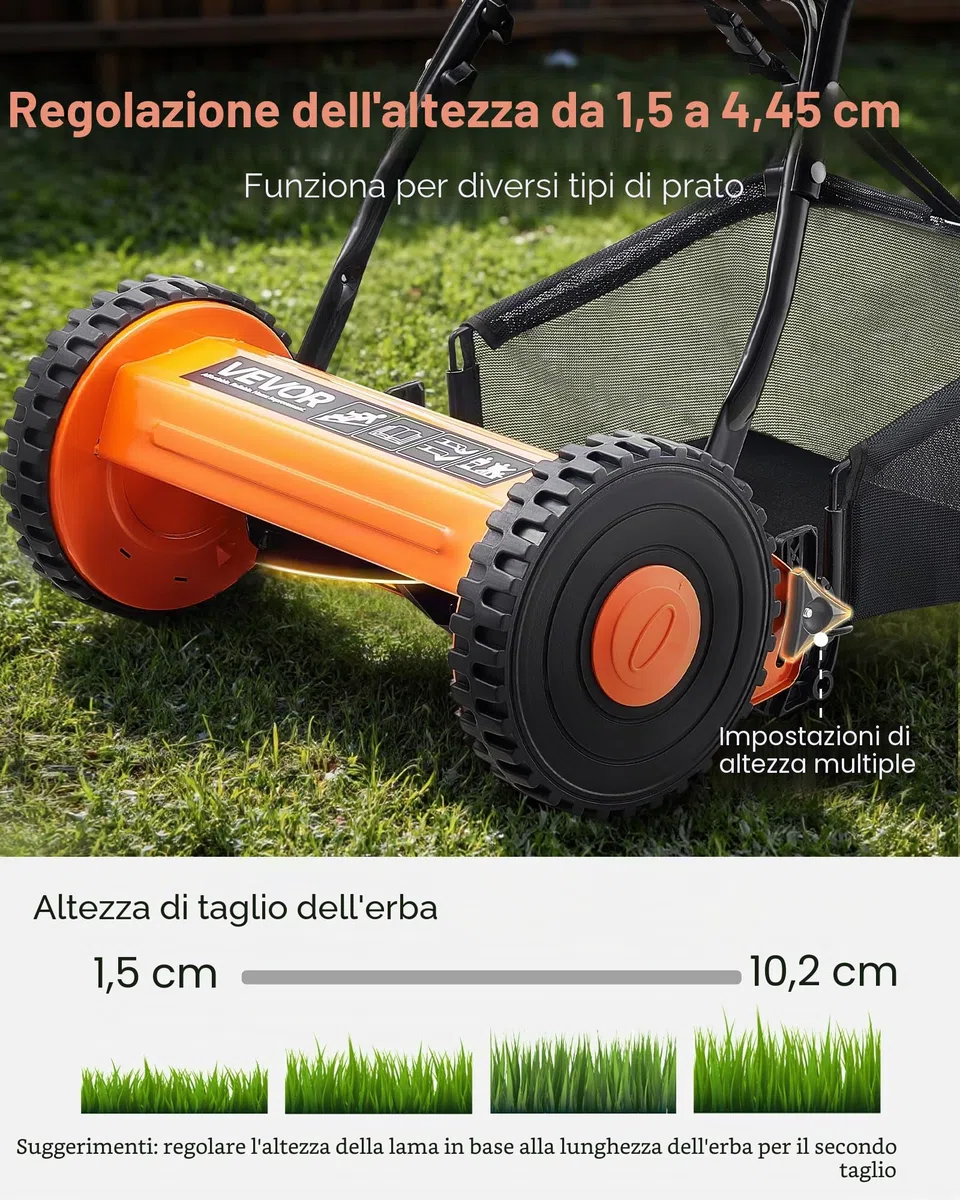 VEVOR Tosaerba a Spinta Manuale con 5 Lame Larghezza di Taglio 400 mm, Senza Motore, Altezza di Taglio Regolabile da 15-45 mm, Rasaerba a Spinta con Sacco Raccoglierba per Giardino Prato