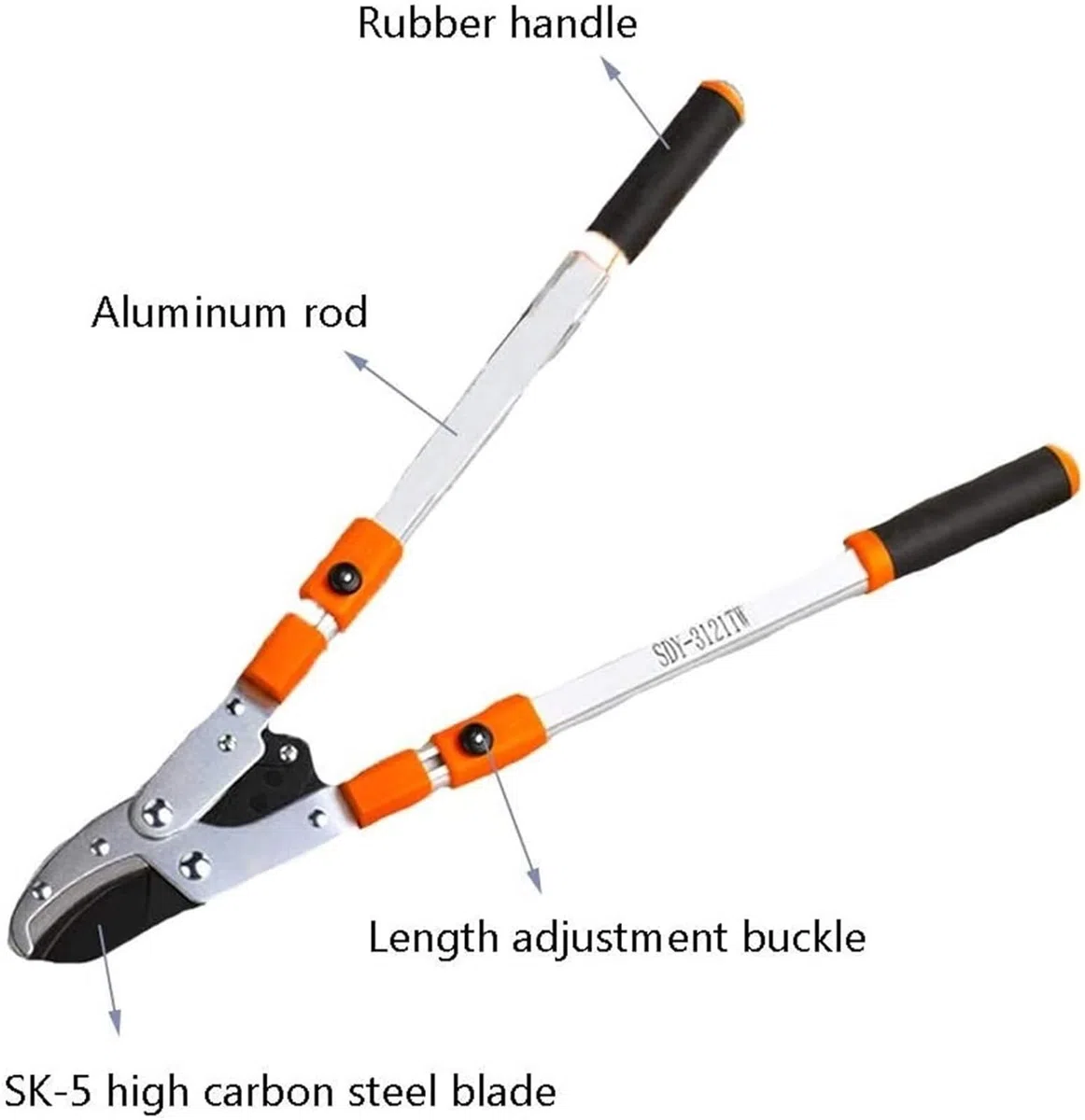 cesoie da giardino, Cesoie telescopiche for rami spessi, utensili da potatura antiscivolo, lama in acciaio ad alto tenore di carbonio SK-5, impugnatura in gomma e lega alluminio