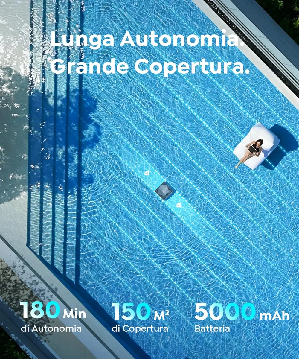 C1 Robot Piscina Pareti e Fondo, Linea d'acqua, Doppio Filtro, Aspiratore Piscina Senza Fili, 7 Modalità di Pulizia, 180 min, Pulitore con App, Robot Pulisci Piscine fino a 150 m², Grigio
