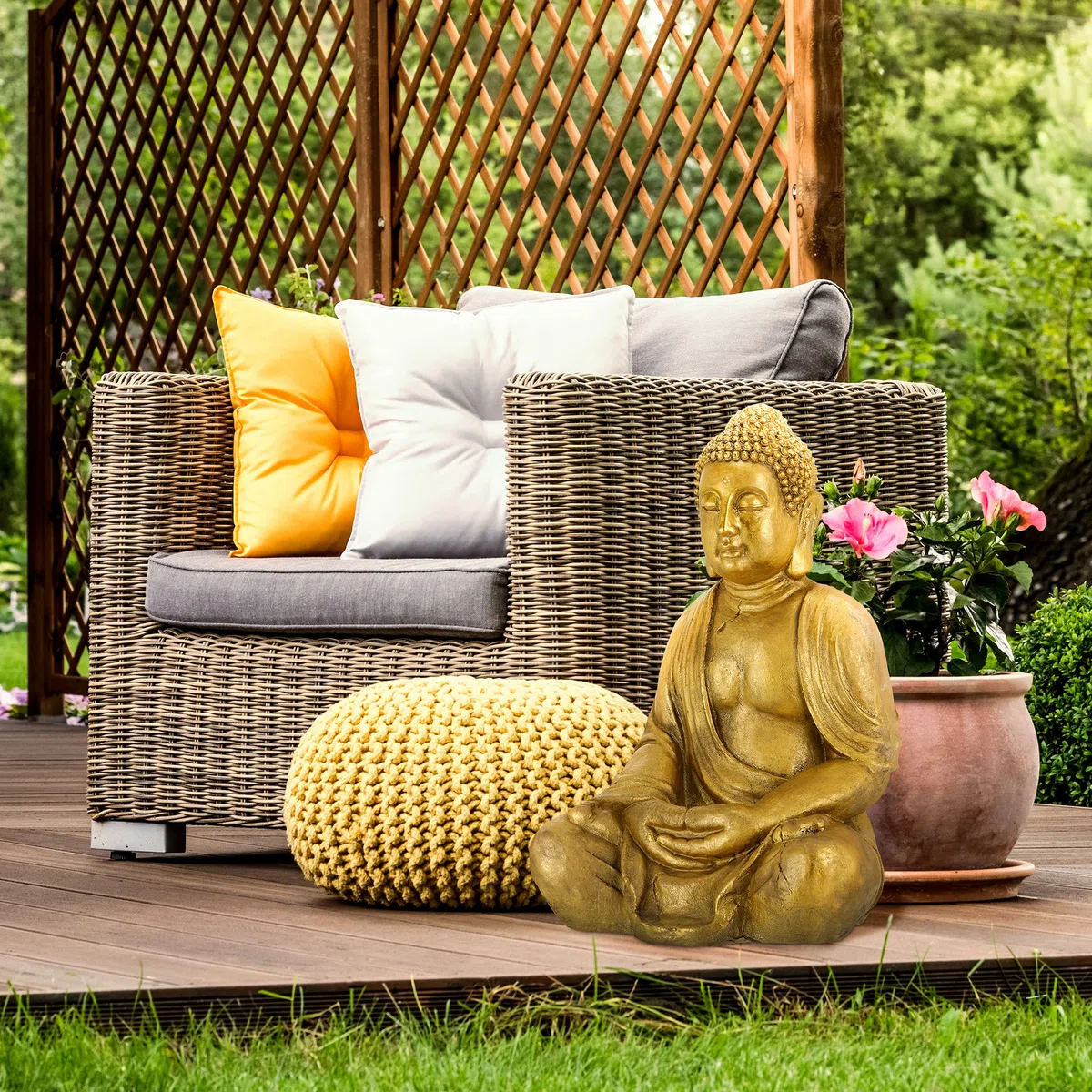 Relaxdays Buddha, Figura da Giardino, Resistente alle Intemperie, Buddha Seduto, Poliresina, HBT: 70x45x35 cm, Dorata
