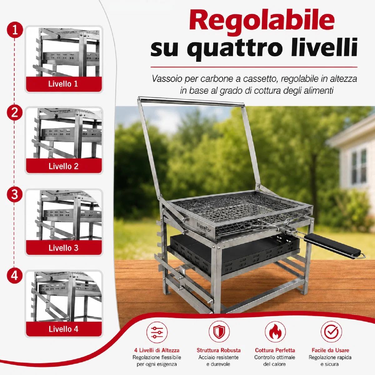 Barbecue a Carbone Girevole 180° Inox Portatile per Giardino e Campeggio | Griglia Ribaltabile a 180° con Manovella, Braciere Regolabile in Altezza, Pinza per Carne Inclusa, Facile da Montare