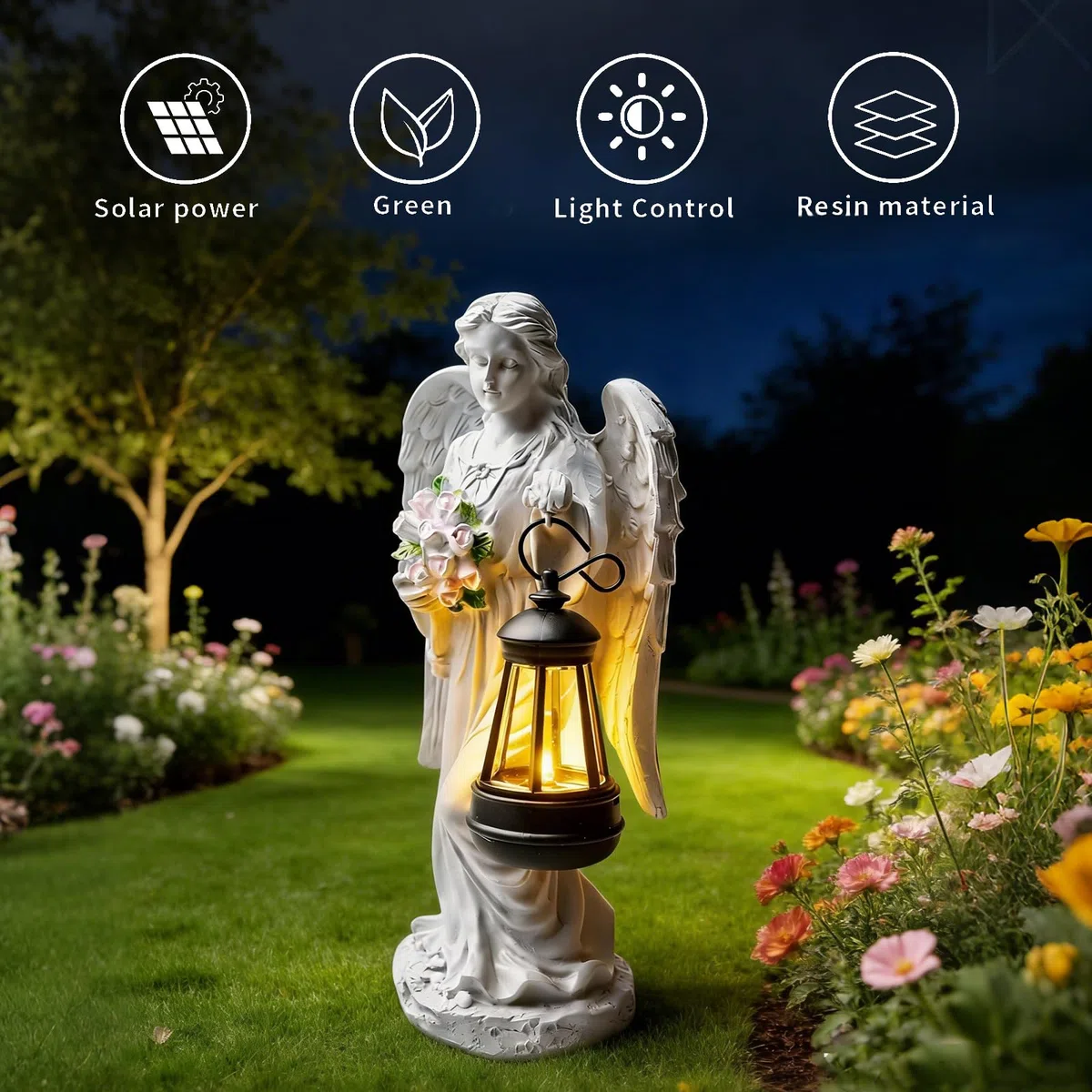 GOMETY Statue da giardino a forma di angelo custode con lanterna solare a LED, decorazione per esterni, scultura d'angelo, decorazione per prato, cortile, terrazza, davanzale