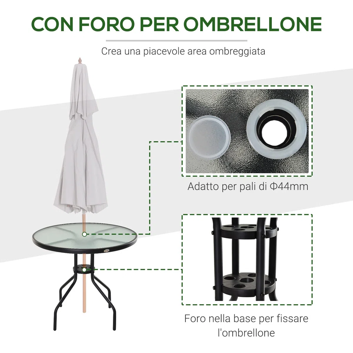 Outsunny Tavolino da Giardino con Piano in Vetro Temperato e Foro per Ombrellone Acciaio Ф80 x 72 cm Nero