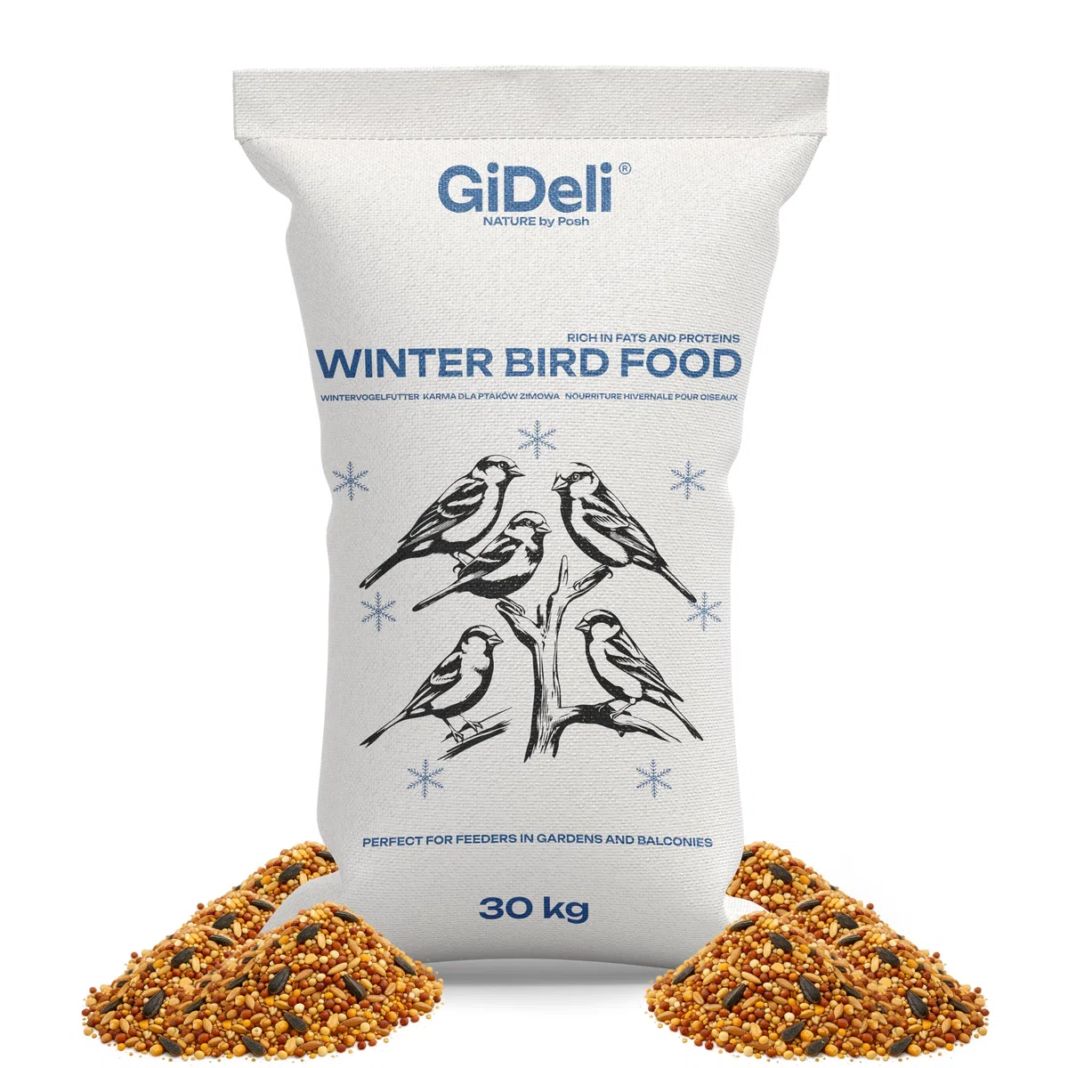 GiDeli Mangime invernale per uccelli, 30 kg, per uccelli selvatici, tutto l'anno, per giardino e balcone, con semi di lino, ricco di omega-3, calcio, senza additivi