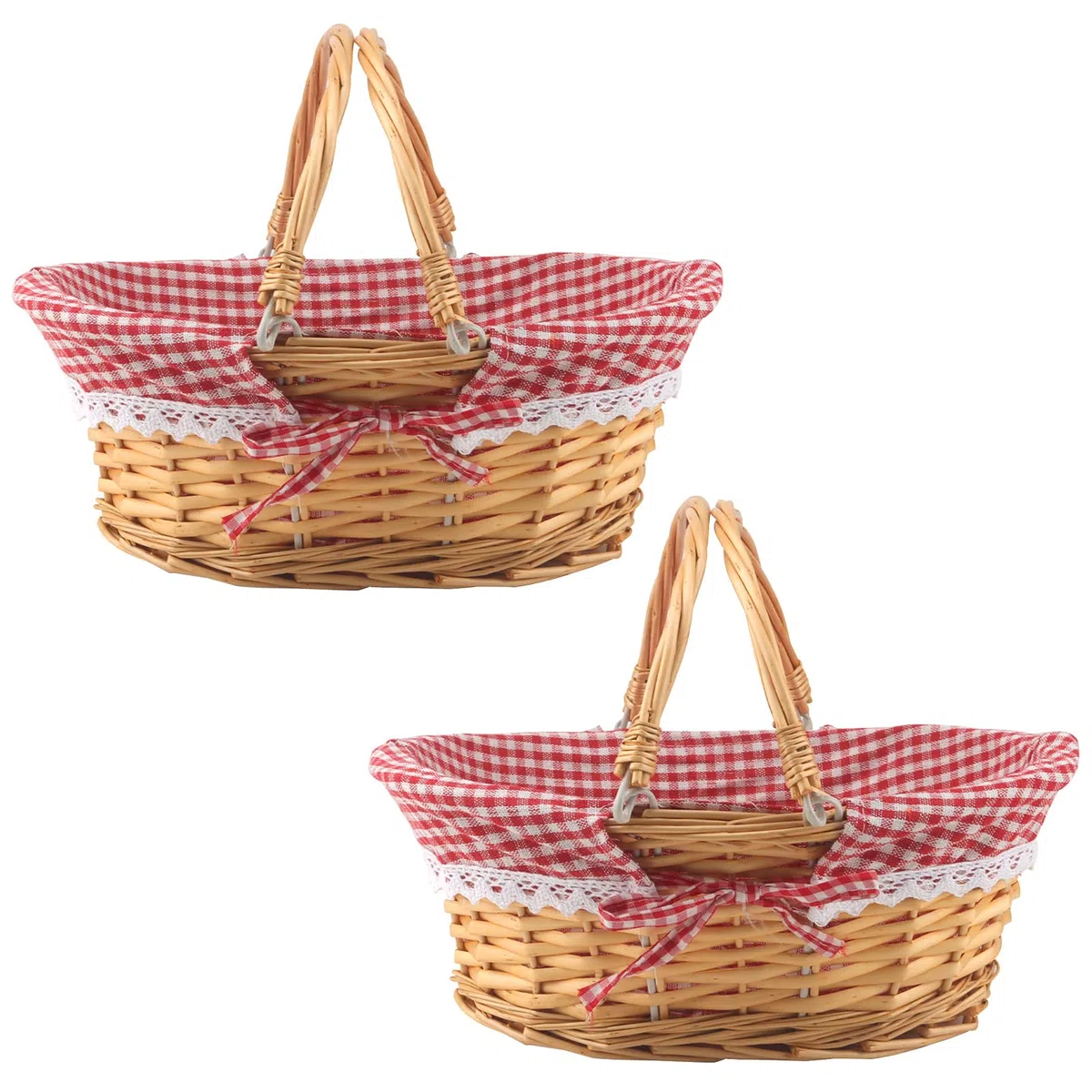 MUKCHAP Confezione da 2 cestini da picnic in vimini, 32 x 23 x 12 cm, ovali, con rivestimento con manico pieghevole, cestino da picnic in vimini intrecciato, per picnic, feste, barbecue, color miele