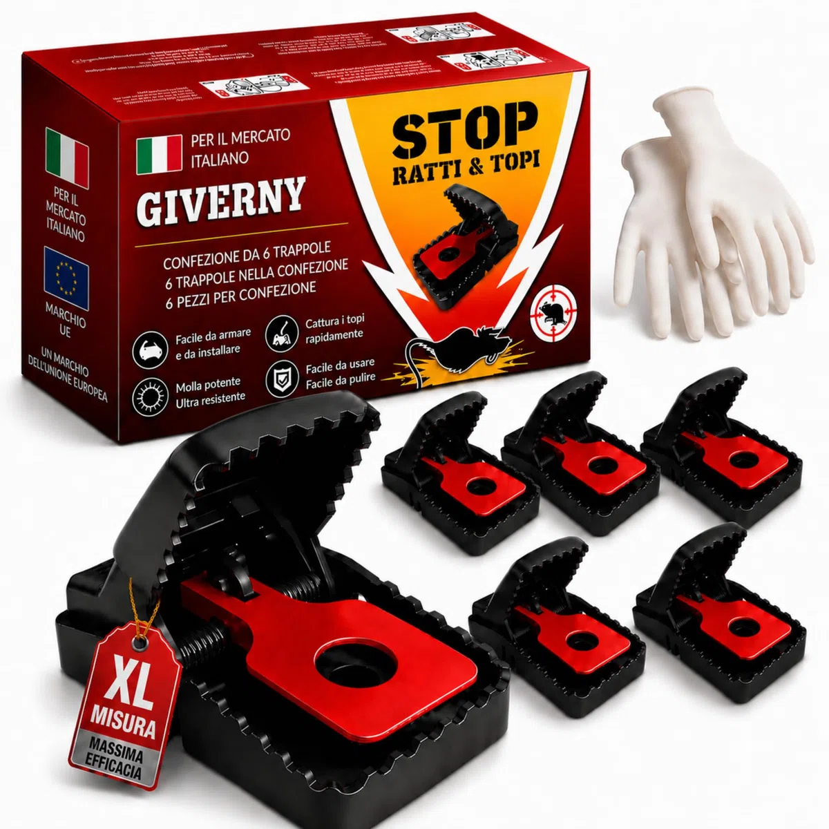 GIVERNY Trappola per Ratti e Topi XL (Confezione da 6) – Extra Grande, Riutilizzabile e Potente, Senza Veleno, Sicura per Bambini e Animali, con Guanti Inclusi – Uso Interno ed Esterno