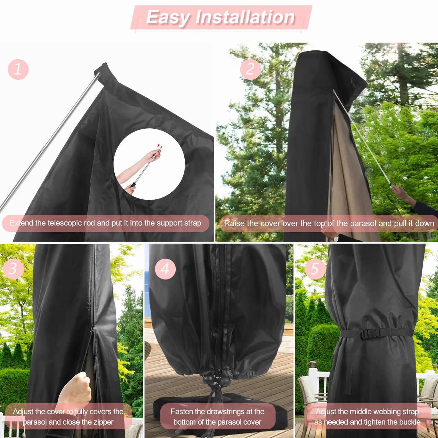 Copertura Ombrellone con Asta, Ø3m Telo per Ombrellone da Giardino, Impermeabile, Antivento, Anti-UV, Copri Ombrellone Coperture per Ombrellone con Cerniera, 190x30/50cm
