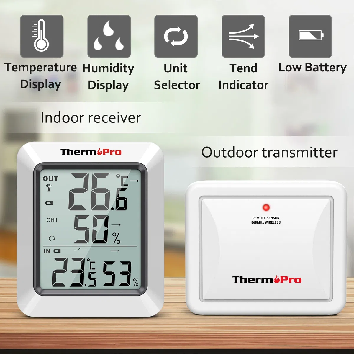 ThermoPro TP60S Termometro Ambiente Interno Esterno Digitale Wireless Trasmissione 60 Metri con Sensore Esterno Igrometro Misuratore di Temperatura e umidità per Casa Ufficio Scuola