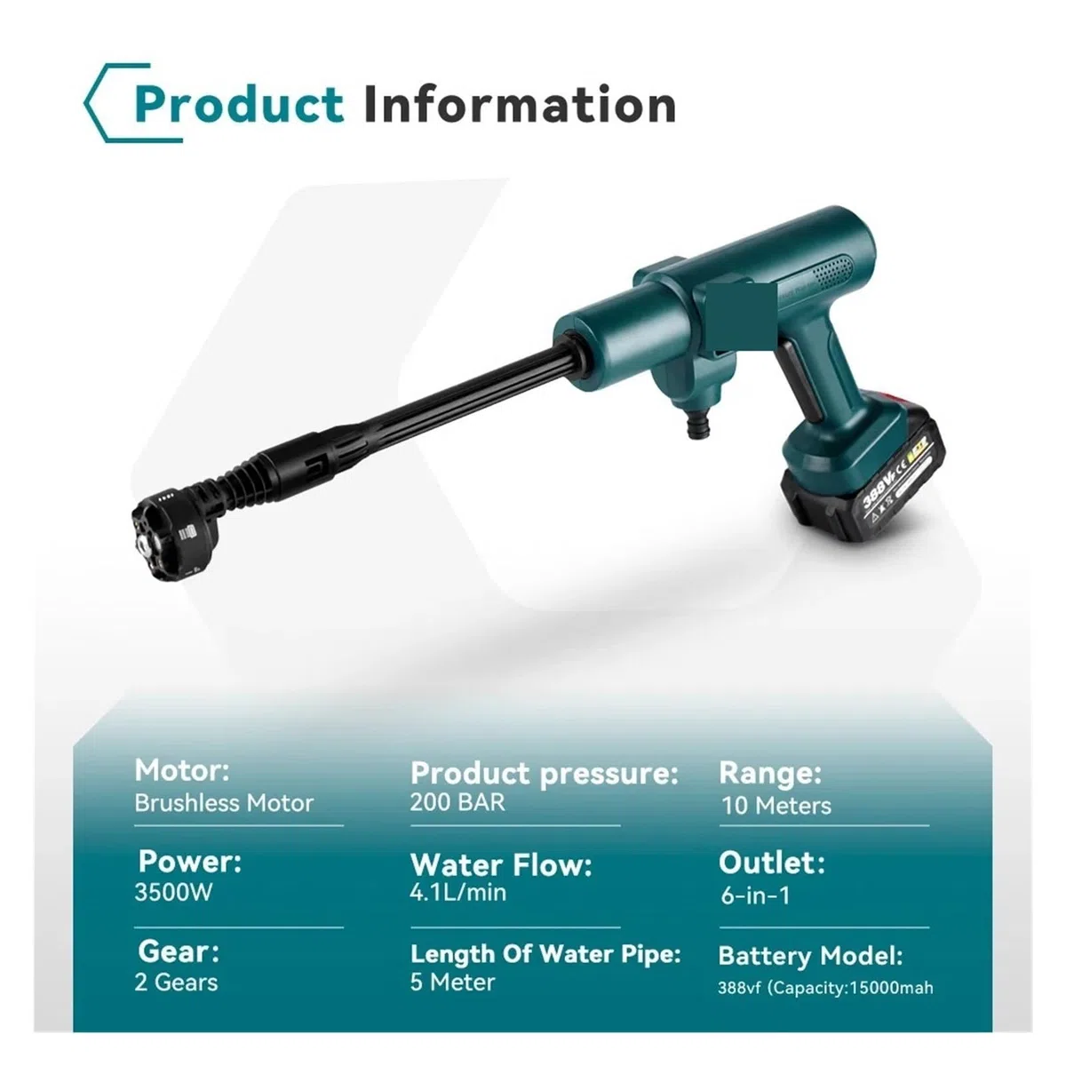 Autonomia Prolungata Pistola ad acqua elettrica alta pressione senza spazzole da 200 bar, strumenti ricaricabili fili for giardino domestico for batteria 18 V(1 Battery)